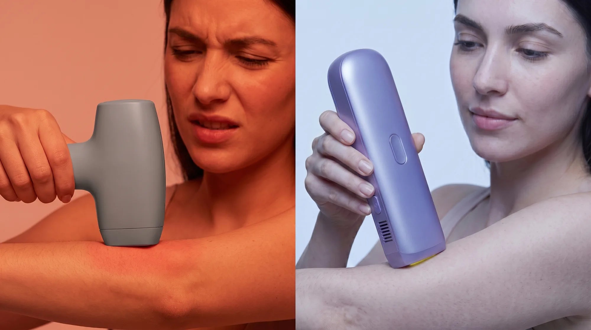 Split comparison: a device without cooling causing a wincing reaction on the left, Zephra's cooled contact head used comfortably on the right