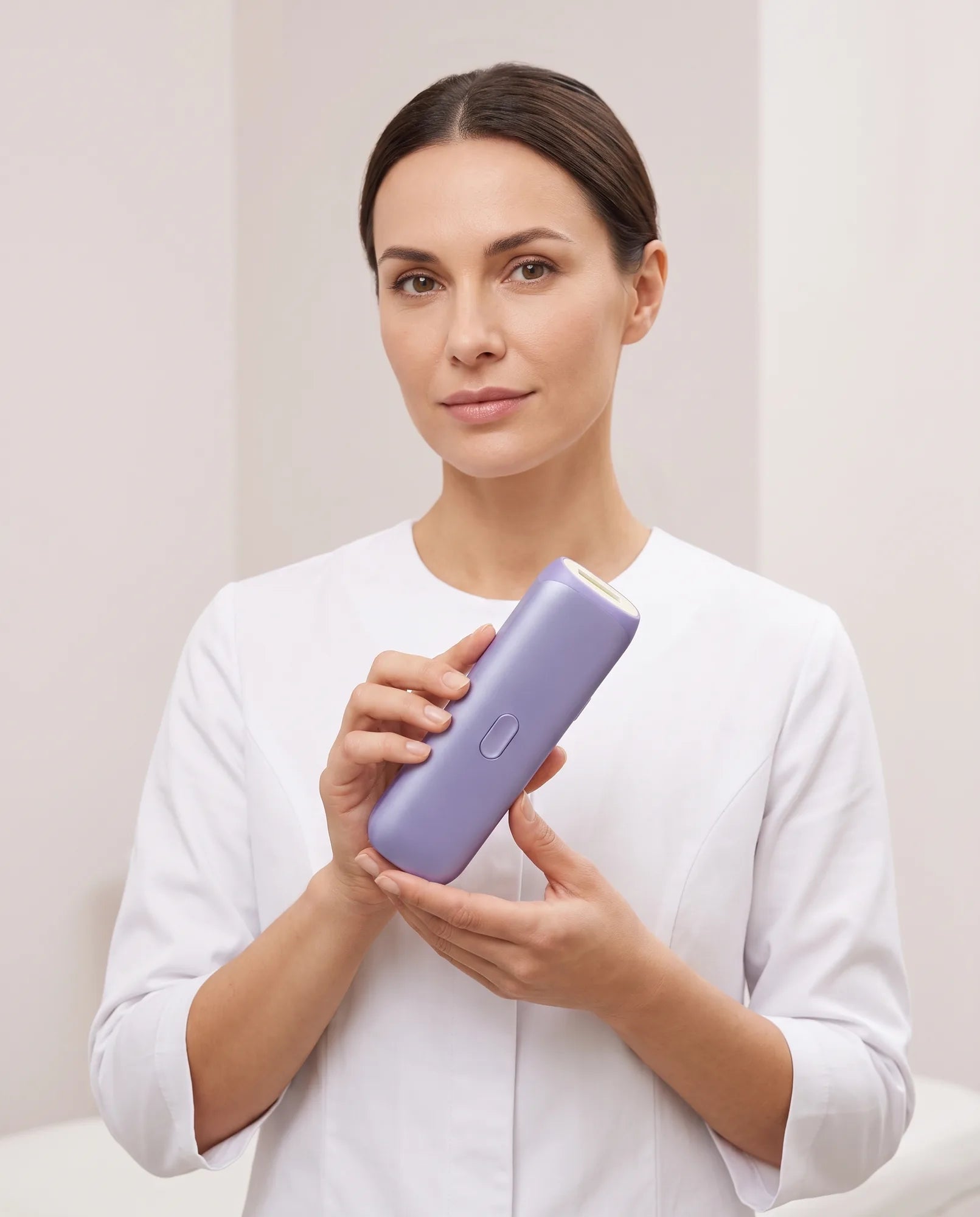 Woman in a simple white coat-style top holding the Zephra device in a bright, minimal clinic-adjacent setting
